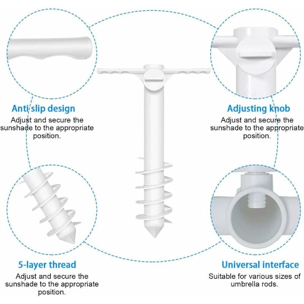 Ruuvattava aurinkovarjon jalusta rannalle, jossa on kaksi koukkua, aurinkovarjon jalusta, kierrevarjon pidike, puutarhaparvekkeelle, rannalle, 20-35 mm tangolle (valkoinen)