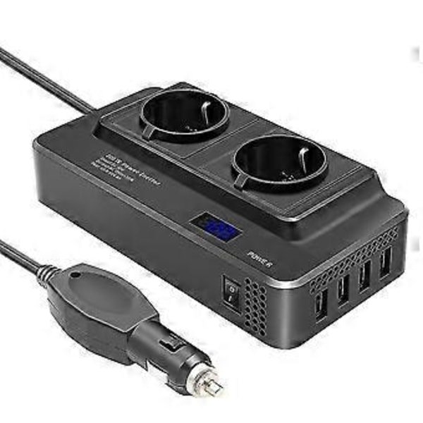 200 W auton invertteri, jännitemuunnin 12 V - 220 V älykkäällä LCD-näytöllä, 2 pistorasiaa ja 4 USB C -liitäntää