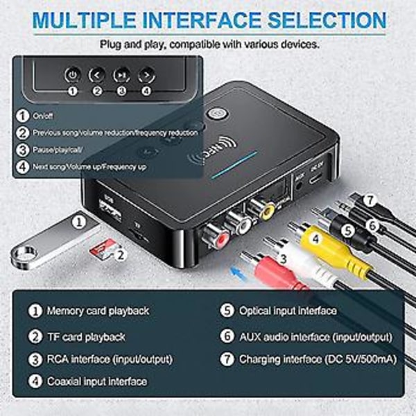 Bluetooth 5.0 Modtager Sender Fm Stereo Aux 3.5mm Rca Trådløs Nfc Bluetooth Audio Adapter Til