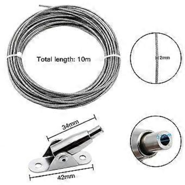 10M Rustfri Stål Wiretau Belagt 2 mm Ståltau Justerbart Gardintau Hengende Tau med Monteringsklemmer