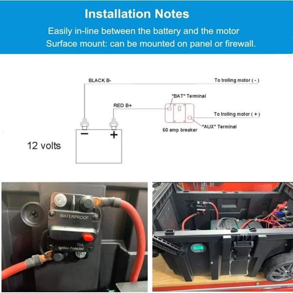 12V-36V DC -piirikatkaisin manuaalisella nollauksella, vedenpitävä pinta-asennus autostereoihin, matkailuautoihin, veneisiin, kuorma-autoihin, sähkömoottoreihin, nollautuva sulake auton kaiuttimelle