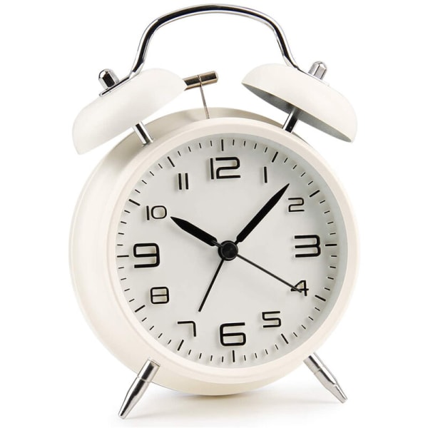 Double Bell Alarm Clock with Night Light, Large Dial of 4 Inches, Analog Quartz Alarm Clock with Loud Alarm, No Ticking, Noiseless White