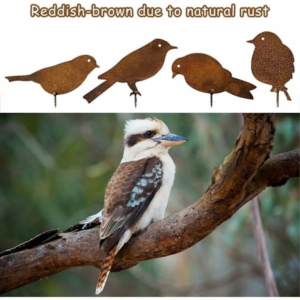 4 stk. Rusty Birds Dekoration, med skrue til at skrue i træ, naturtro patina metalfugle havepynt silhuet simulering fuglefigur