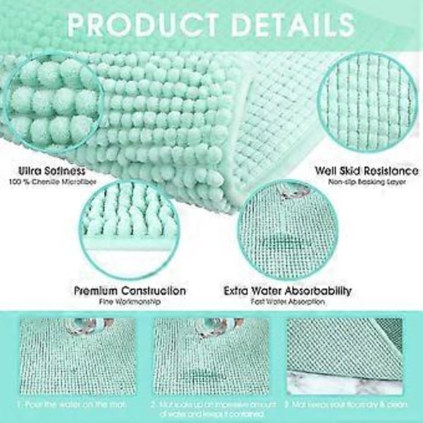Badeværelsesmåtte med skridsikker bund, chenille mikrofiber gulvtæppe, blød, maskinvaskbar, absorberende til brusebad, toilet 40 x 60 cm (lys cyan)