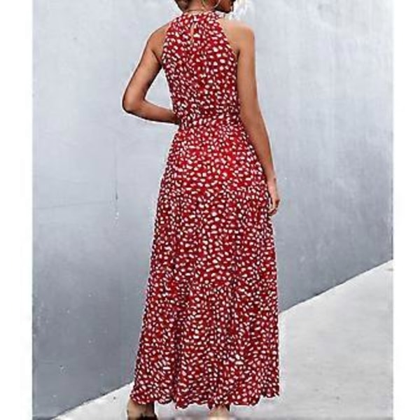 Elegant Rød Printet Maxikjole - Halterneck Ærmeløs Åndbar Sommer Lang Mode, L