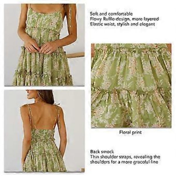 Chic Boho Blomstret Maxikjole - Rygløs Smocket Ærmeløs Ferie Outfit, Flydende Flæse, Grøn, Størrelse M