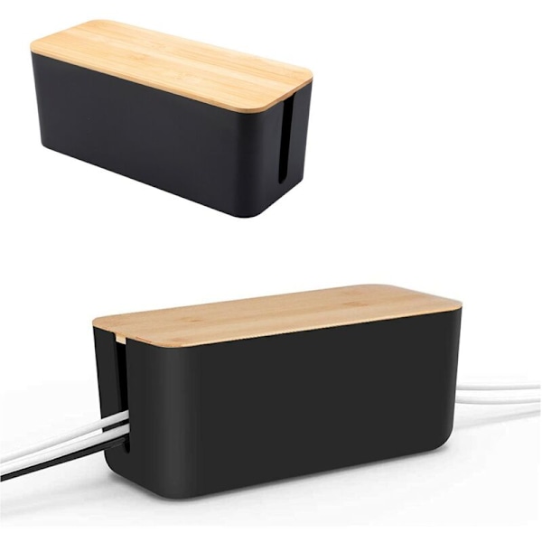 2 Pack Cable Organizer Box with Wooden Lid for Desktop Computer, USB Hub System (Black)Small Medium