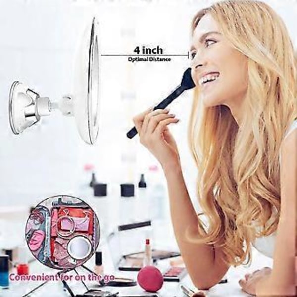 10x Forstørrelses Makeup Spejl med Lys, Genopladeligt, 3 Farvetilstande, 360 Graders Rotation, Kraftig Låsende Sugekop Bærbart Trådløst Vanity Spejl Til Bord