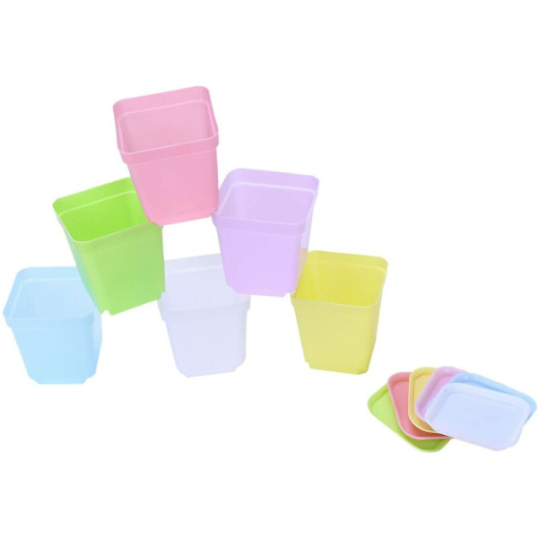Färgglada plastblomkrukor med fat, set om 12