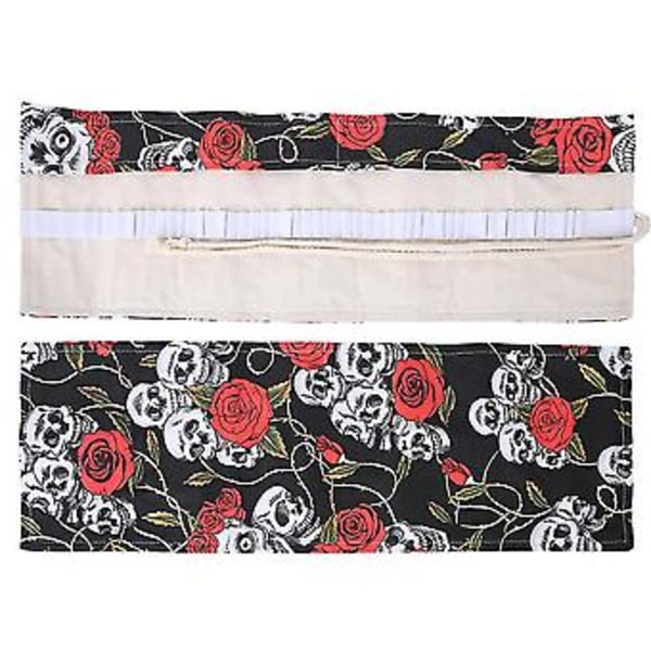 Pencil Roll Canvas 48 Hull Håndlaget Maleri Penn Oppbevaringspose Skrivesaker Kunstutstyr (Skull Rose Pattern)
