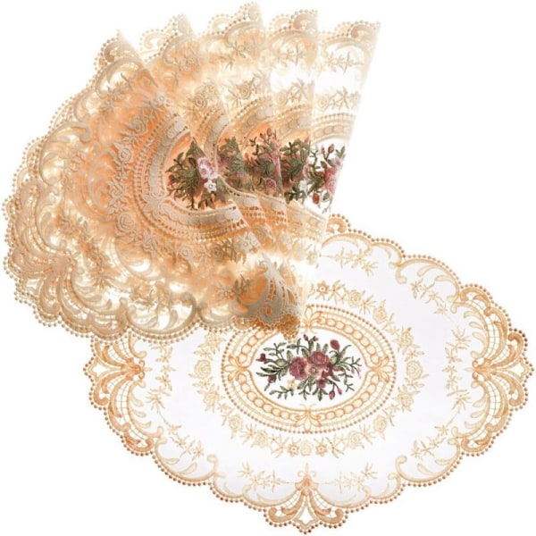 6 st bordsduk i elegant broderad spets, rund spetsduk, underlägg, servett, festdekoration