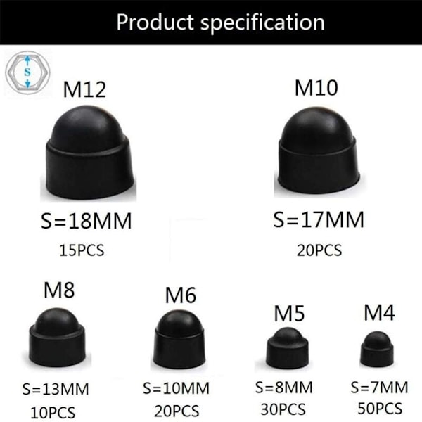 145 stk skruehetter mutterbeskyttelse, kuppelmuttersett beskyttelseshetter kuppelbolt mutterdeksel 6 størrelser M4 M5 M6 M8 M10 M12 med eske for maskiner, møbler