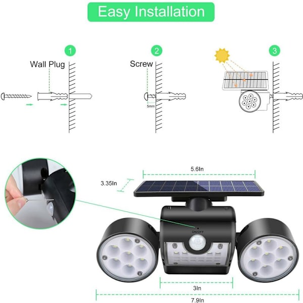 Utomhus solcellslampa, utomhus solcells vägglampa, med 30 vattentäta dubbla LED-strålkastare, 360 graders rotation, med rörelsesensor för trädgård