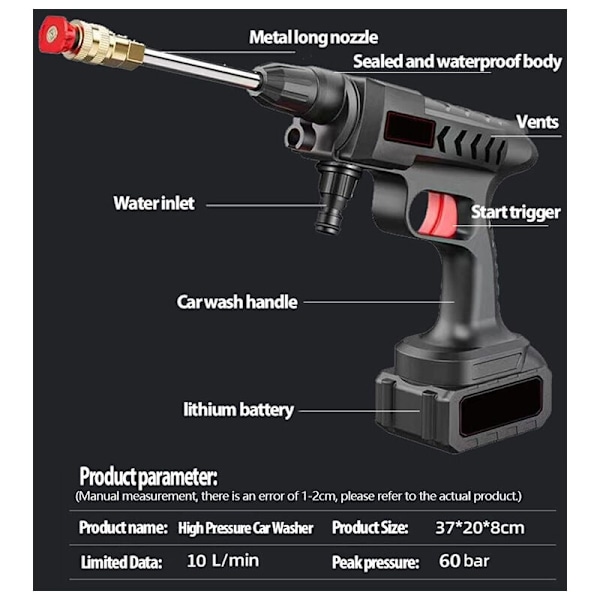 Trådløs elektrisk høytrykksvasker Bilvask Vann Spray Pistol med 20000mAh Batteri 60BAR 10L/min for Terrasserengjøring Hagevanning