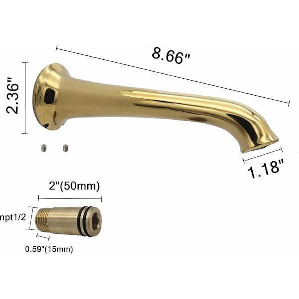 Skinnende gull badekars tut, ekstra lang 8 tommers badekars kran (ca. 8 tommer), messing veggmontert badekarsfyller uten sving