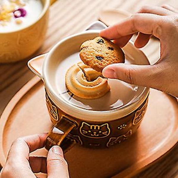 Keramiska kaffemuggar med lock Söt porslinskopp Familjefrukost Mjölk Juice Kopp Dryck (brun)