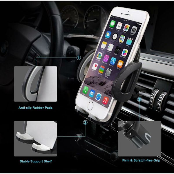 Praktisk bilhållare för mobiltelefoner - 360° roterbar - kompatibel med iPhone 11 Pro, Xs Max, XR, X, 8, 7, 6, Samsung S10 S9 S8 S7 S6,