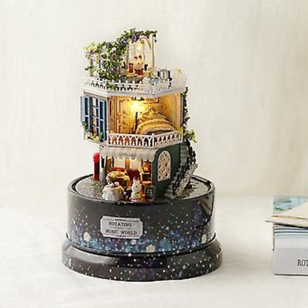 Kreativt DIY Dukkehus Drømmehus Miniatyr med Roterende Musikkboks Støvdeksel LED-lys