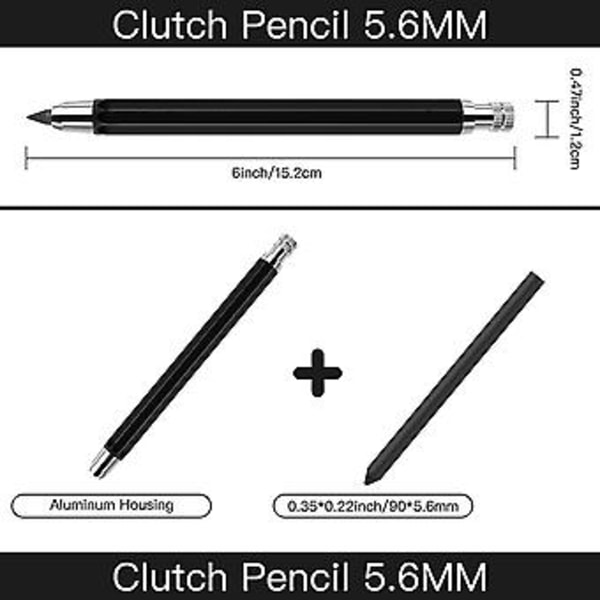 2 stk. 5,6 mm blyantstiftsholder automatisk mekanisk blyant med spisser og kullstiftpåfyll, 6 stk. E