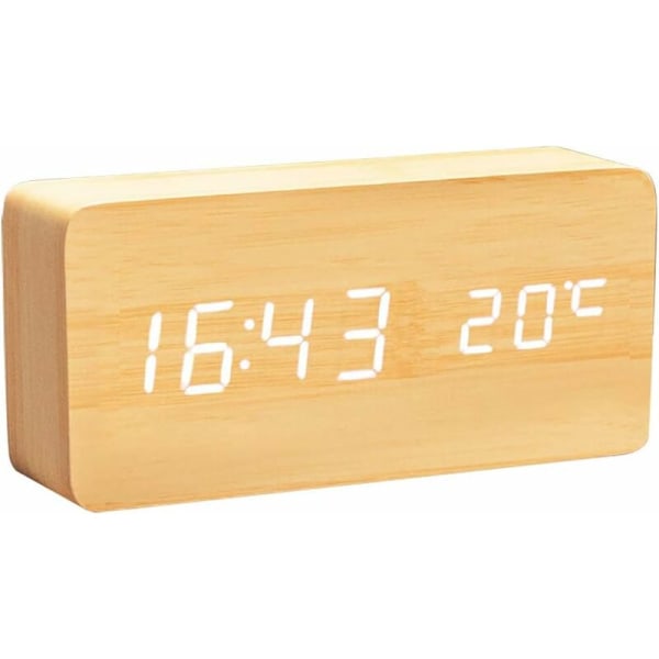 Trä digital klocka - multifunktions LED-väckarklocka med tid/datum/temperaturdisplay och röststyrning för hemresor