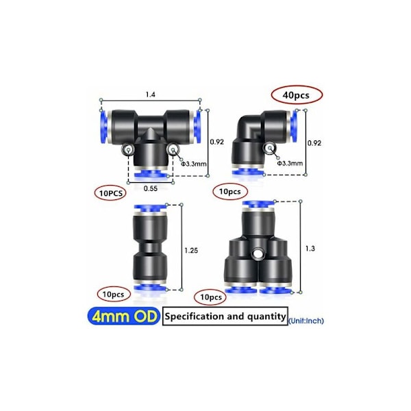 40 stk pneumatiske koblinger 4mm pneumatiske koblinger Hurtigkoblinger Trykkluft 4 former for tetting av trykkluftslangekobling-Y/T/rett/vinkel