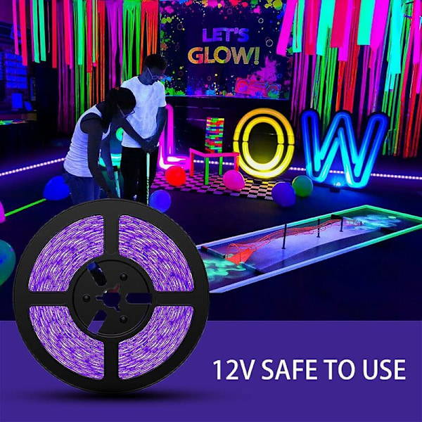 5M UV LED-strimmel, sort lys LED-strimmel, 12V 2835 LED-strimmel lilla lys, 300 LED'er ultraviolet atmosfærebelysning til Halloween, jul, DJ-fest