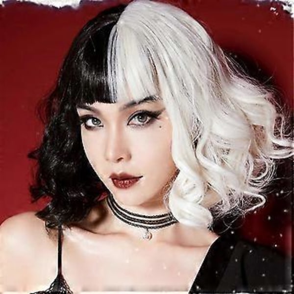 Cruella De Vil Cosplay Kort Svart och Vit Hel Peruk För Halloween Kvinnor Vågig Bob Peruk Med Lugg Fest Maskerad Kostym Rekvisita