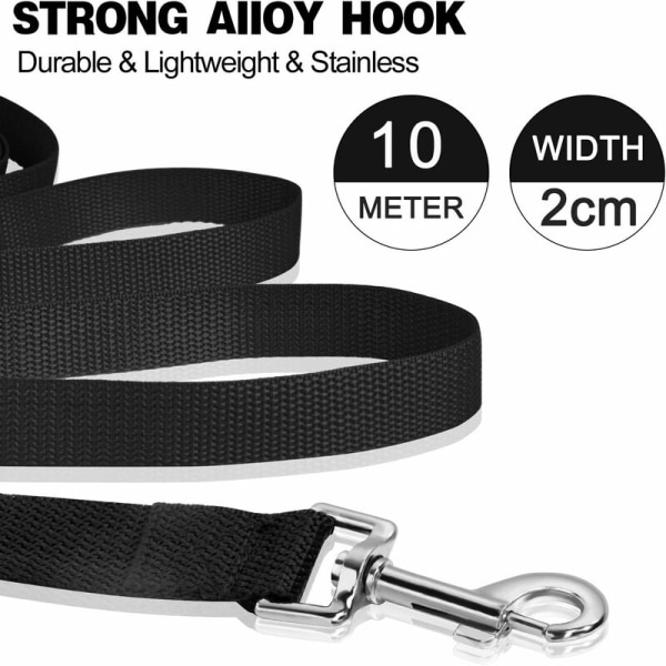 Hundetreningsbånd Hundelanyard Stropp Langt Bånd med Polstret Håndtak for Små til Store Hunder -10M, Svart