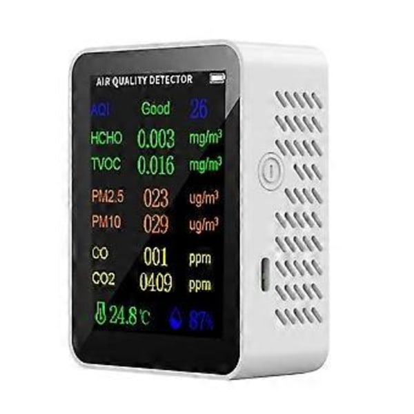 9 i 1 Bærbar Luftkvalitetsmåler PM2.5 PM10 CO CO2 TVOC HCHO Temperatur Fugtighedstester Farveskærm, Hvid