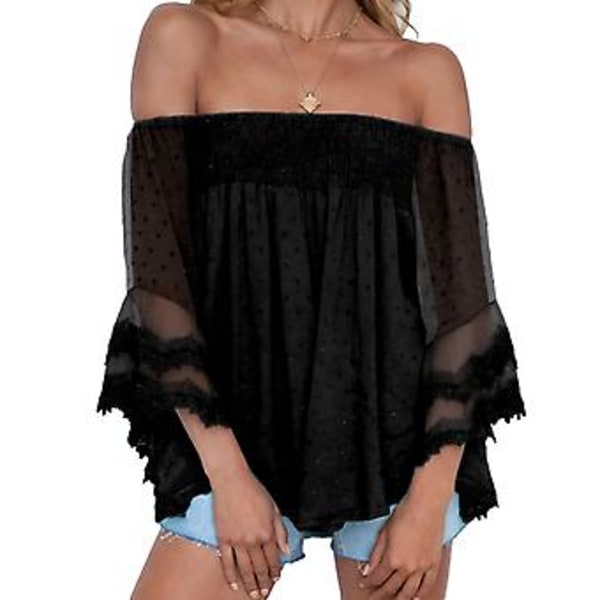 Dame Off Shoulder Topp 3/4 Bell Ermer Løs Passform Elastisk Halslinje Fôr Inni Sommer Bluse Svart XL