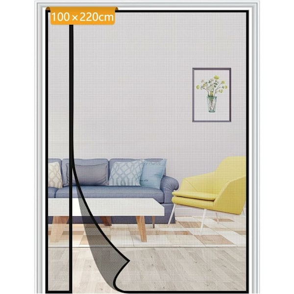 Myggenet Dør med Magnetisk Lukning 100x220cm Vendbar med Venstre og Højre Side Åbning Ultra Fint Mesh Uden Boring Anti-insekt Sort