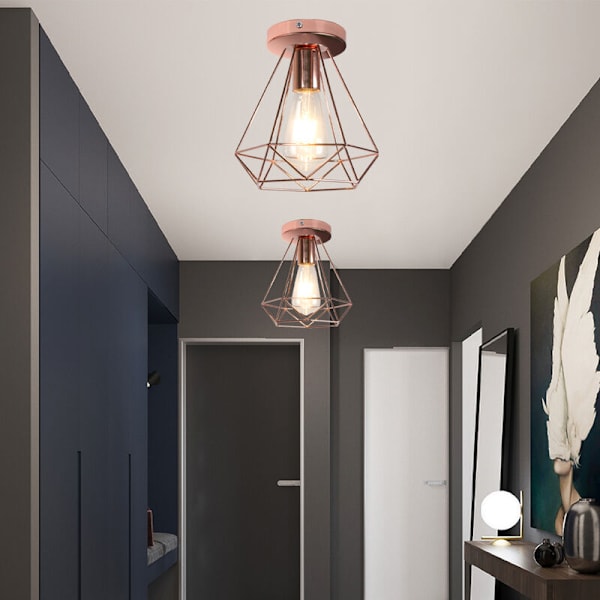 Vintage taklampe i metall, geometrisk bur, taklampe i roségull, anhengslampe - 1 pakke