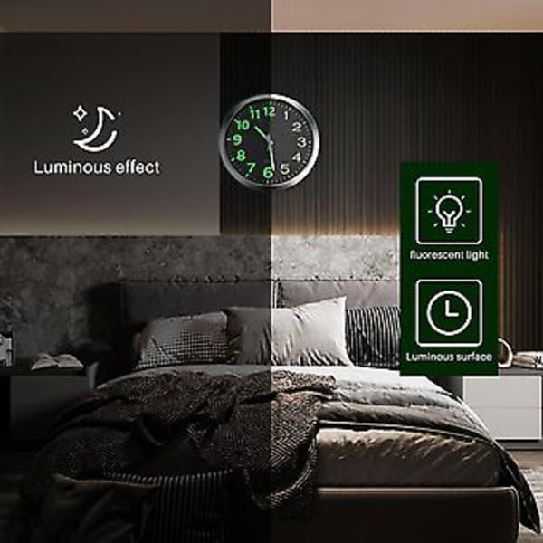 12 tuuman pyöreä Lar Luminous C pimeässä hohtava äänetön sisäkello R - hopea