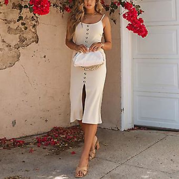 Dame Sommer Knap Ned Ærmeløse Kjoler Ribbet Hæklet Slip Strap Midi Kjole Slids Foran Bodycon Sommerkjole Abrikos S
