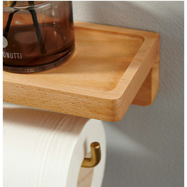 Trævægmonteret toiletpapirholder - Æstetisk vægmonteret toiletpapirholder - Toiletpapirholder med træhylde til badeværelsesdekoration