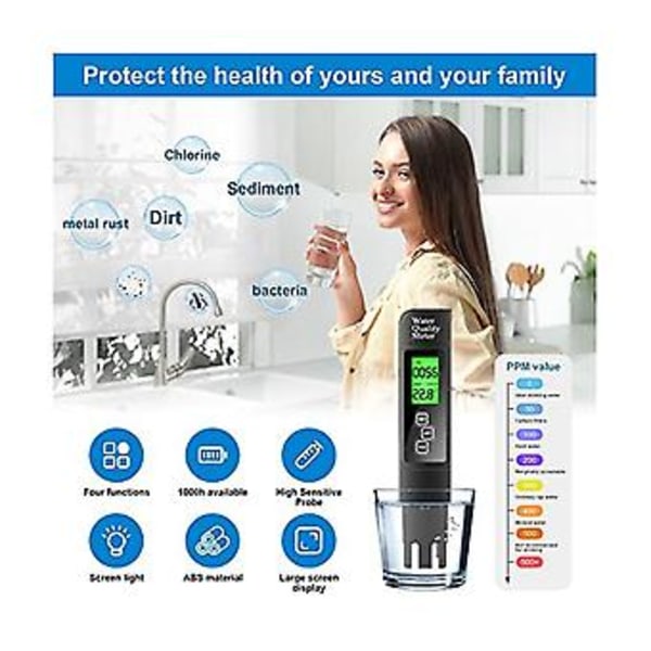 4-i-1 Måler, til Hydroponics, 0-9999ppm, LCD-baggrundsdisplay, egnet til