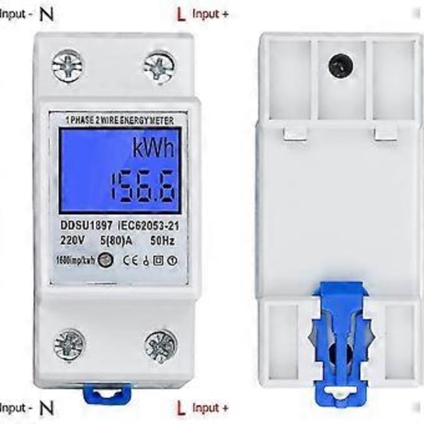LCD Digital Elektricitetsmåler AC Måler Tophat Skinne Kwh Måler 5(80) A Elektricitetsmåler Tophat Skinne 1-faset 2-benet 2p Din Skinne Elektricitetsmåler AC230