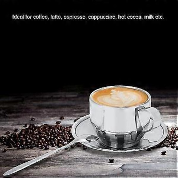 Kaffekopsæt, Dobbeltvægget Isoleret Kaffekrus i Rustfrit Stål med Underkop og Ske (4-d-1)