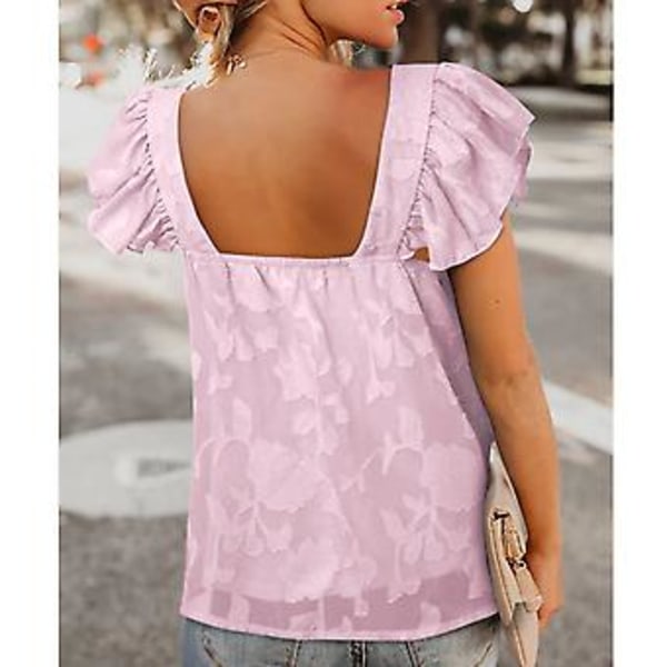 Kort volangermet trykket topp firkantet hals dame polyester chiffon topp for sommer utendørs rosa lilla XXL