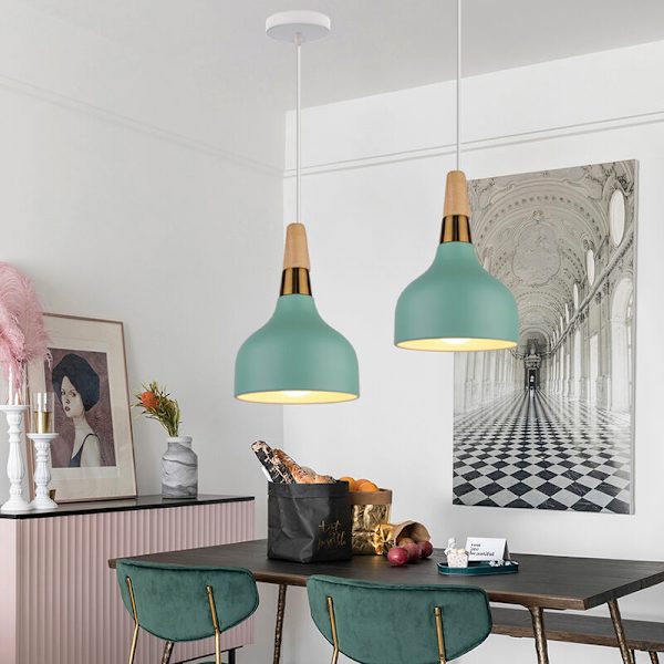 Moderne Pendellampe Armatur Metal Træ Hængende Loftlampe Indendørs Lysekrone Grøn