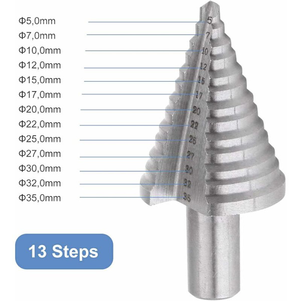 Trin Drill Cone Hulskærer 13 Trin 5-35mm Rund Skaft Bit Cone Skæreboremaskine med Titanium Belægning til Metal Træ Plast