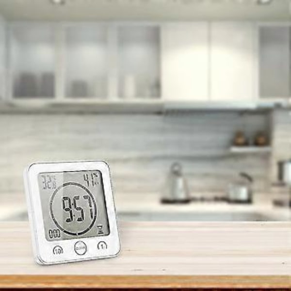 Badrumsklocka, LCD Digital Väckarklocka med Vattentät Touch Duschklocka, Temperatur Luftfuktighet, Nedräkningstimer, 3 Monteringsmetoder, Batteridriven (vit