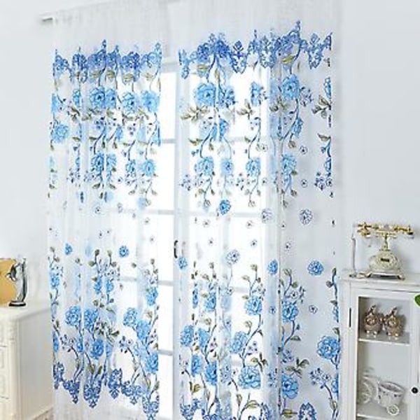 100 x 200 cm Blommig Tryck Transparent Sjal Genomskinlig Gardin Voile Fönsterpaneler Blå