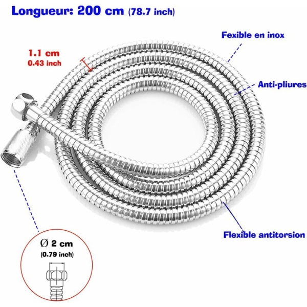 Dusjslange, 2 m dusjslange i rustfritt stål, universal dusjslange, universal gjengetilkobling (G1/2 tommer) (2m)