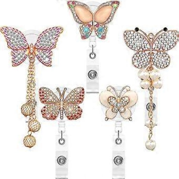 5 stk. Udtrækkelig Badge Holder Rulle, Sommerfugl Håndlavet Bling Rhinestone ID Badge Holdere med Klips, til Frivillige Sygeplejersker