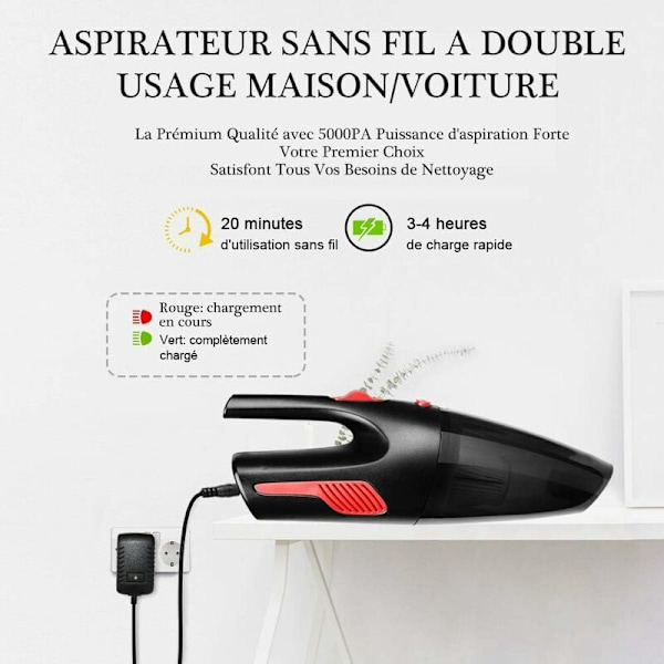 - Trådløs håndstøvsuger, genopladelig bilstøvsuger 5000PA HEPA Cyclonic Kraftig 120W 2200mAh Lithiumbatteri Vådtør Rengøring