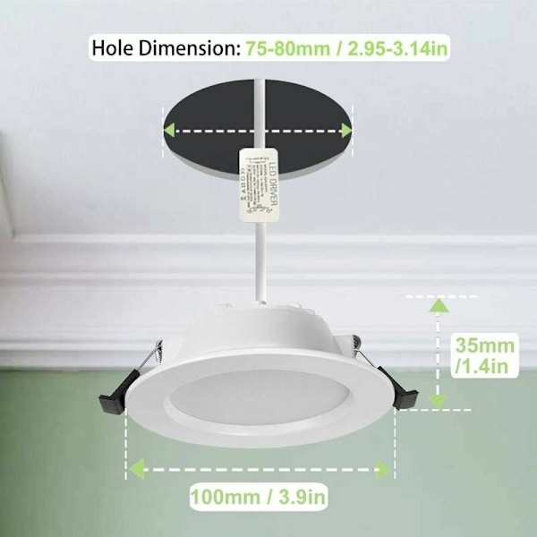 Pakke med 10 ekstra flate IP44 LED-innfelt spotlys, integrert LED-spotlys 5W 310LM, 3000K varmt hvitt, ultra-tynt 35MM innfelt spotlys, diameter