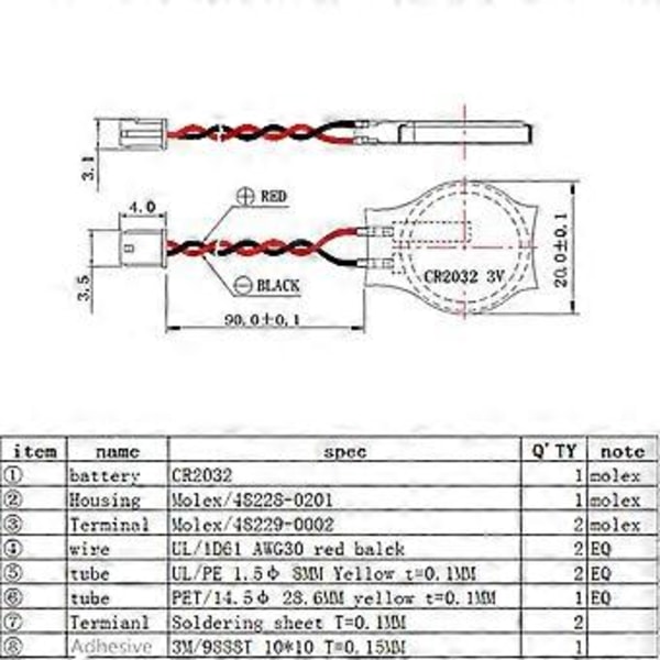 CR2032 2032 Batteri Ledning 2 Pin Laptop Bundkort BIOS CMOS Batteri Med Ledning Adskil Batteri Med Klæbemiddel