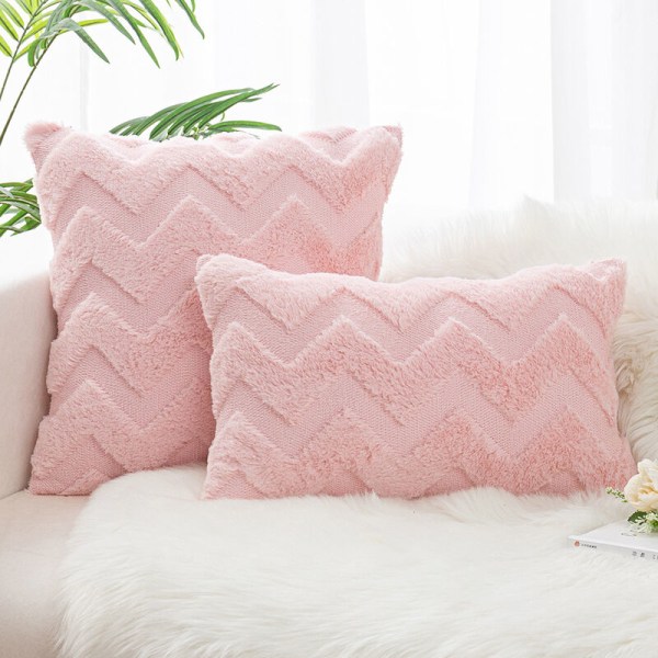 Set of 2 Cushion Covers Made of Artificial Wool and Velvet, Soft Plush Decorative Pillow Case with Wave Pattern, Light Pink, 30x50CM