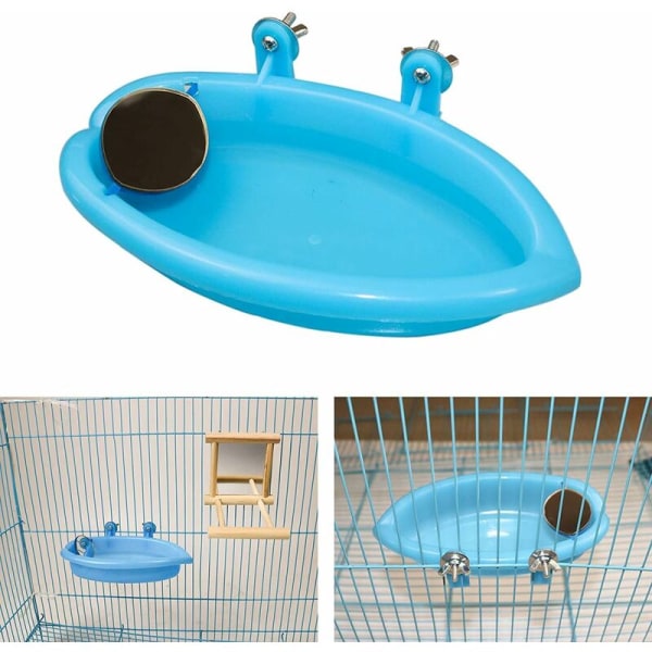 Papegøjebadekar Fuglebad Brusekasse med spejlhængende badekar Legetøj Fuglebur tilbehør (blå)